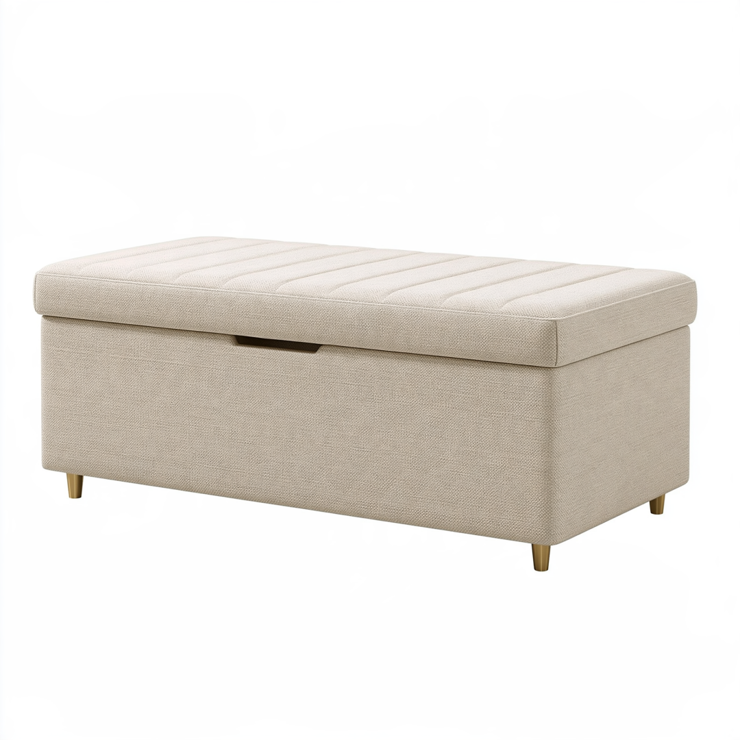 Banc coffre 100 x 45 x 45 cm en tissu beige avec rangement et assise capitonnée