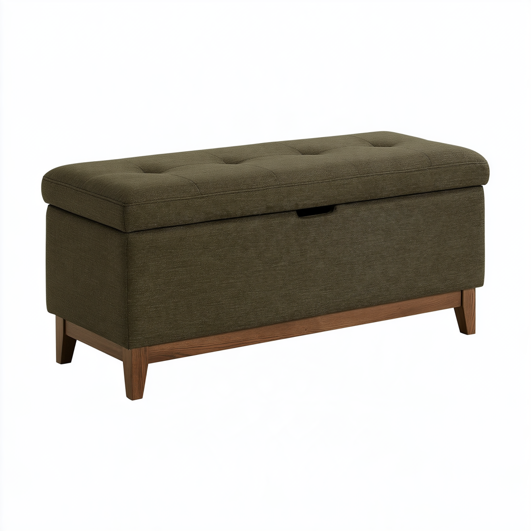 Banc de rangement 110 x 40 x 48 cm en tissu vert avec pieds en bois style contemporain