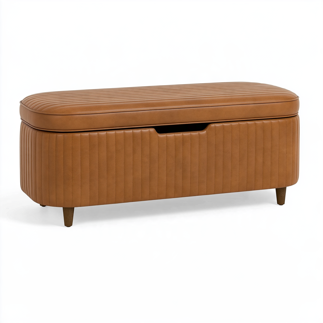Banc coffre de rangement 100 x 40 x 48 cm en cuir synthétique marron style moderne capitonné