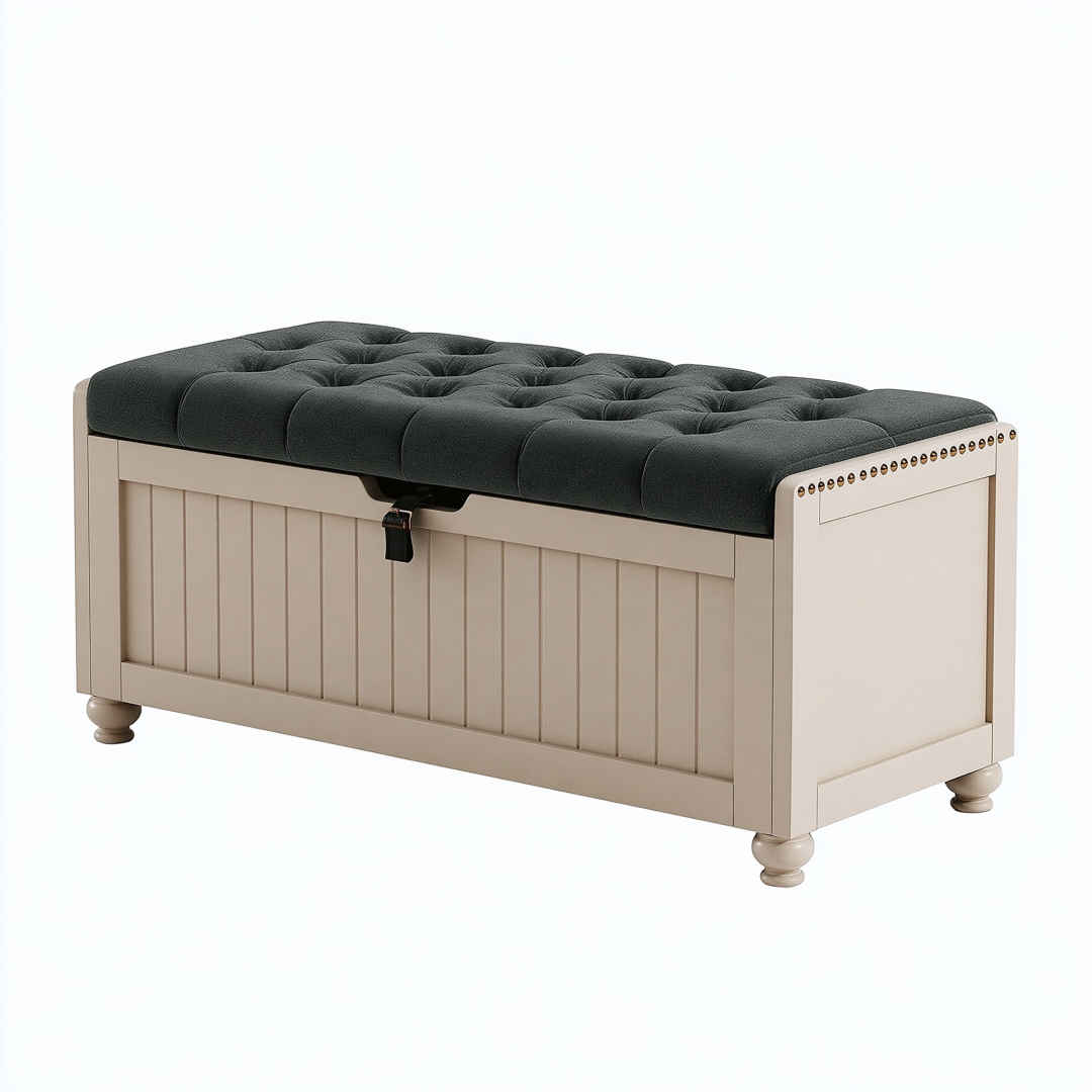 Banc coffre 120 x 45 x 50 cm en bois beige avec assise capitonnée noire style classique