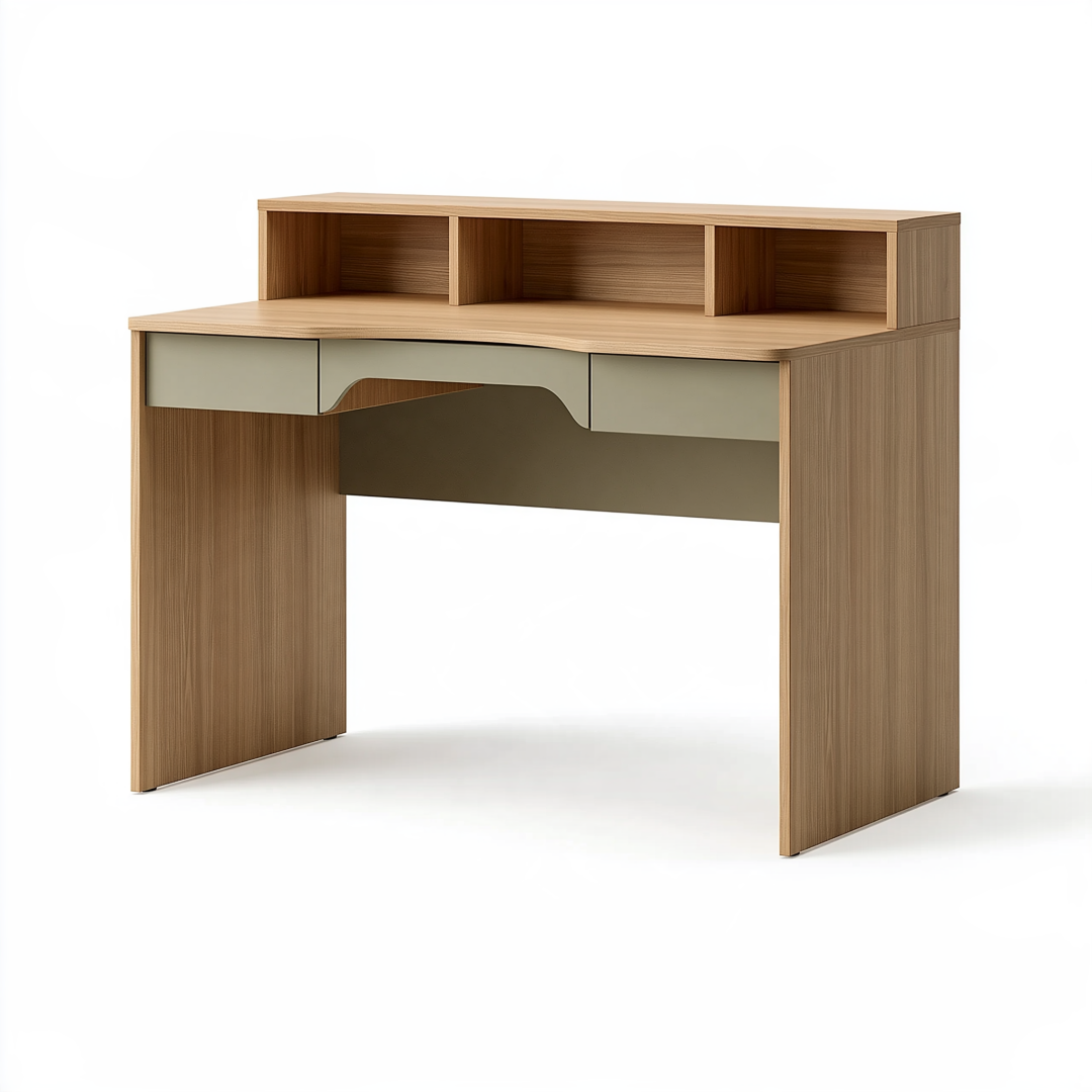 Bureau 120 x 60 cm en panneaux de bois chêne et vert olive avec tiroirs et étagères