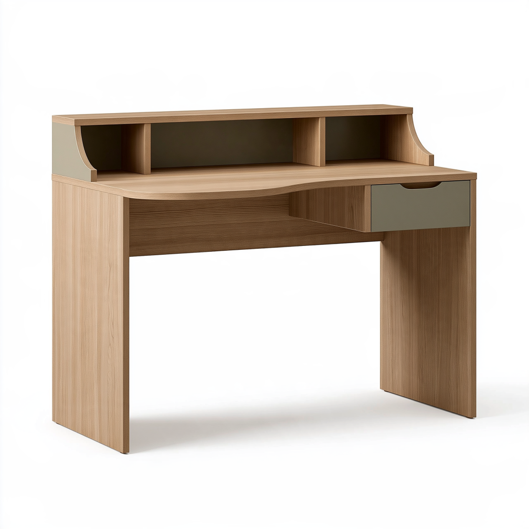 Bureau 100 x 50 x 95 cm en panneaux de particules bois naturel vert kaki avec rangement style contemporain