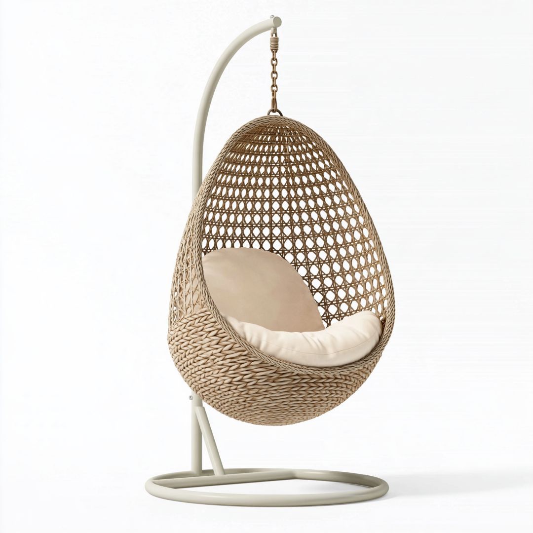 Fauteuil suspendu 105 x 105 x 195 cm en fibres tressées beige avec support métal style bohème