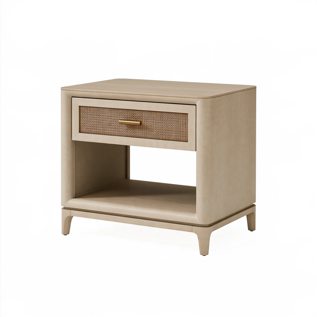 Table de chevet 55 x 40 x 60 cm en bois beige avec tiroir cannage style naturel