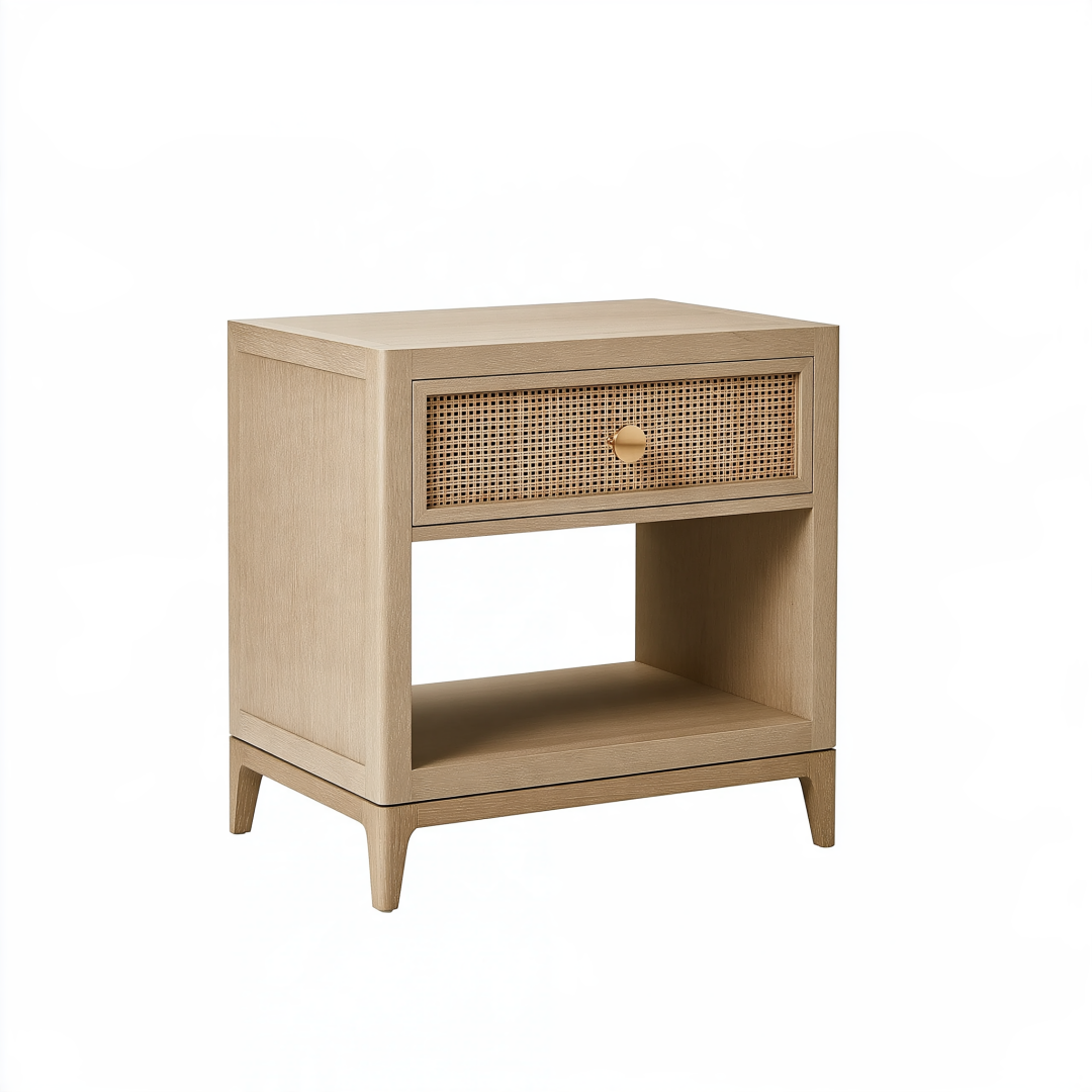 Table de chevet 50 x 40 x 60 cm en bois beige avec tiroir cannage style naturel