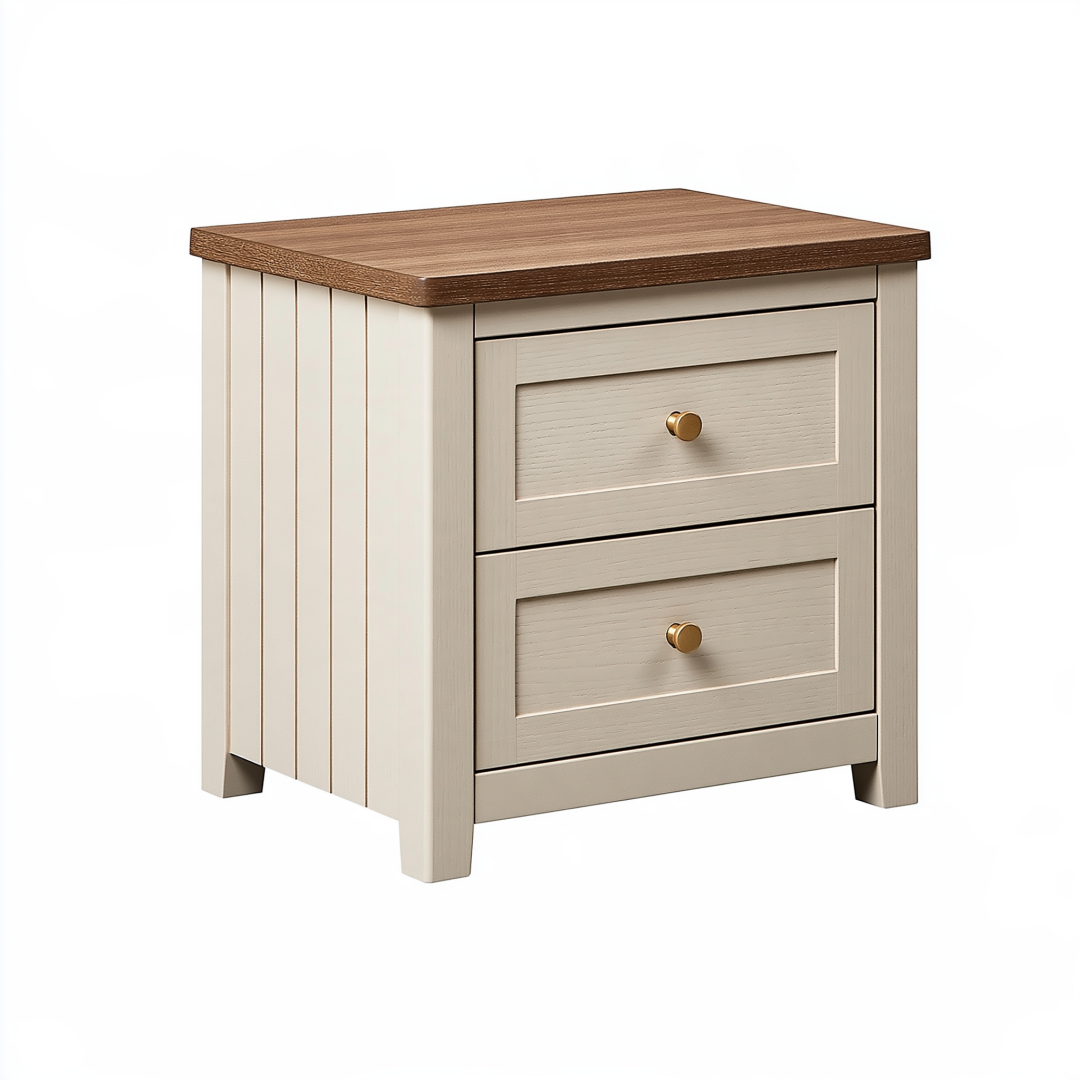 Table de chevet 50 x 40 x 55 cm en bois beige et marron avec 2 tiroirs style classique